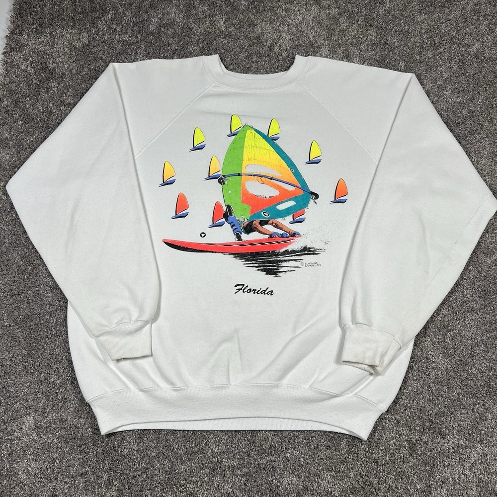 Vintage 80s 90s Neon Windsurfing Crewneck Sweatshirt Skate Beach Surf Sailing